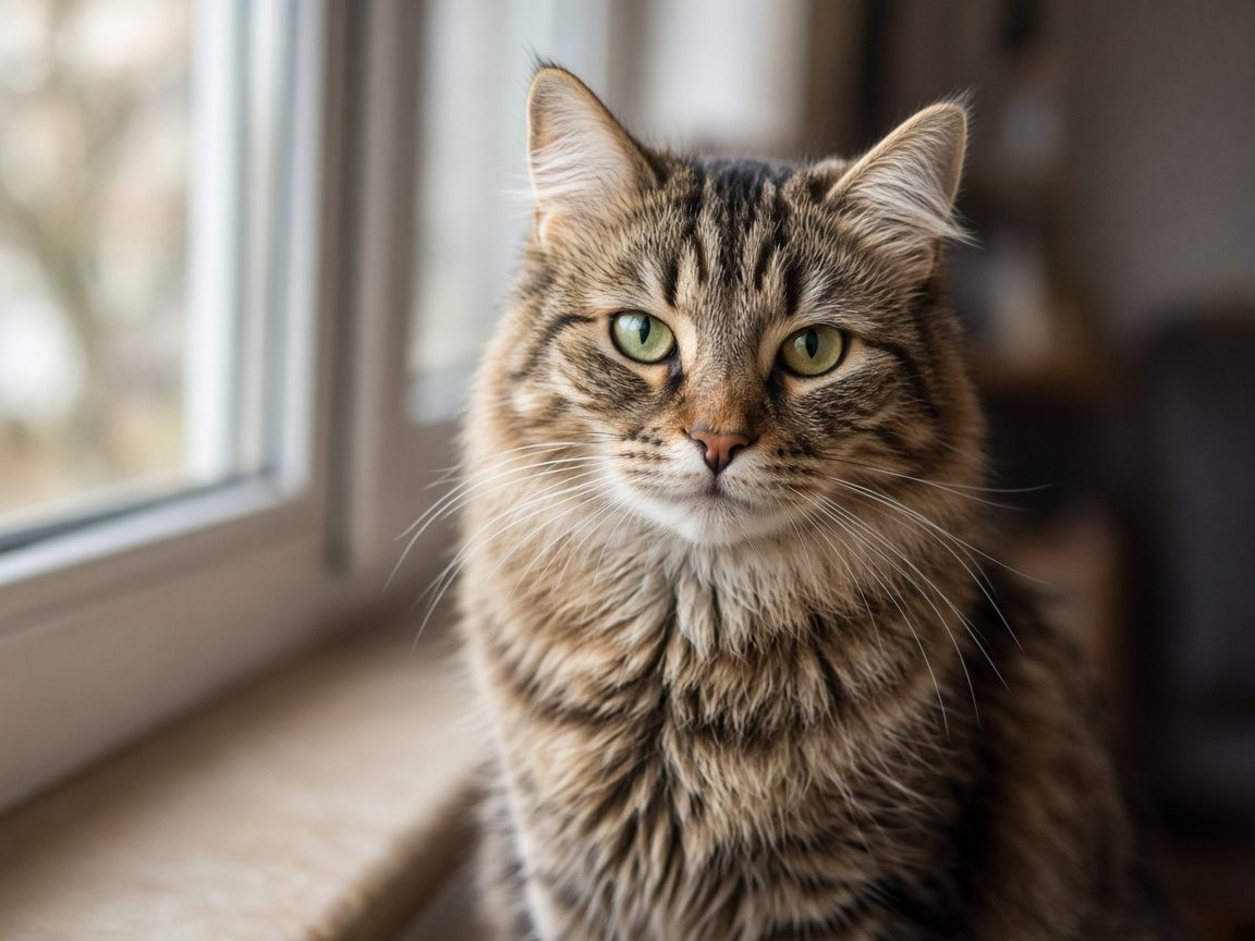A sample photo of a tabby cat sitting by a window.
